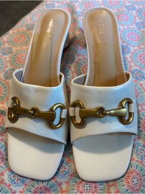 Vodbob White/Cream Slip-On Mule Sandals with Gold-tone Horsebit Hardware -  9